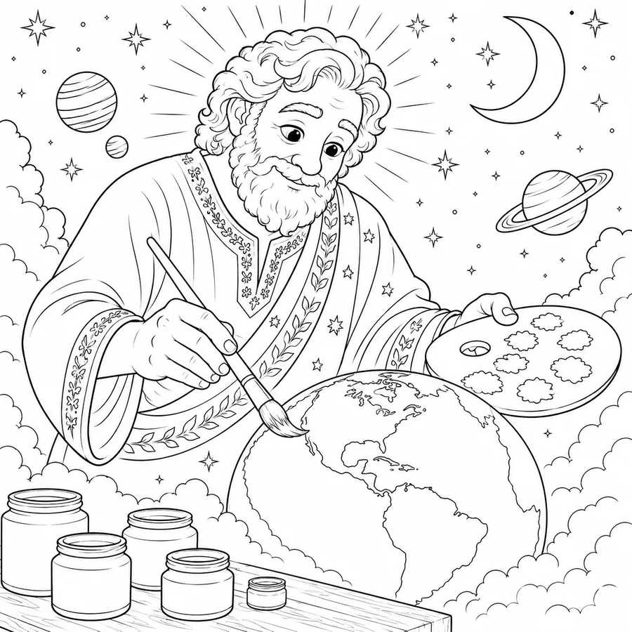 Página de colorir com personagem bíblico e elementos do céu