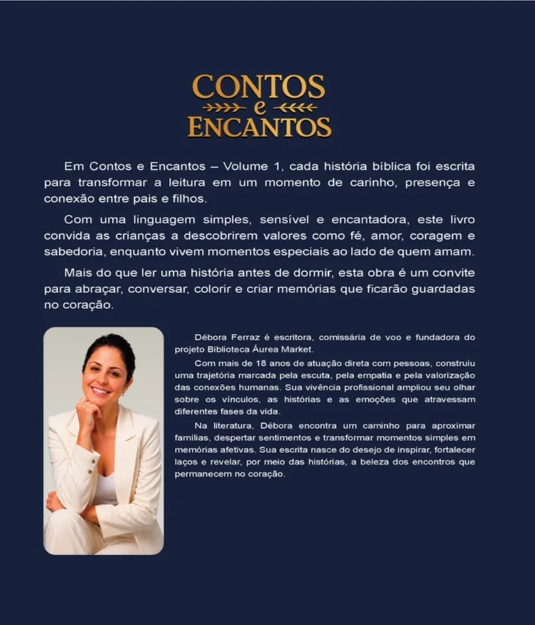 Verso do livro com apresentação da autora e da proposta de Contos e Encantos