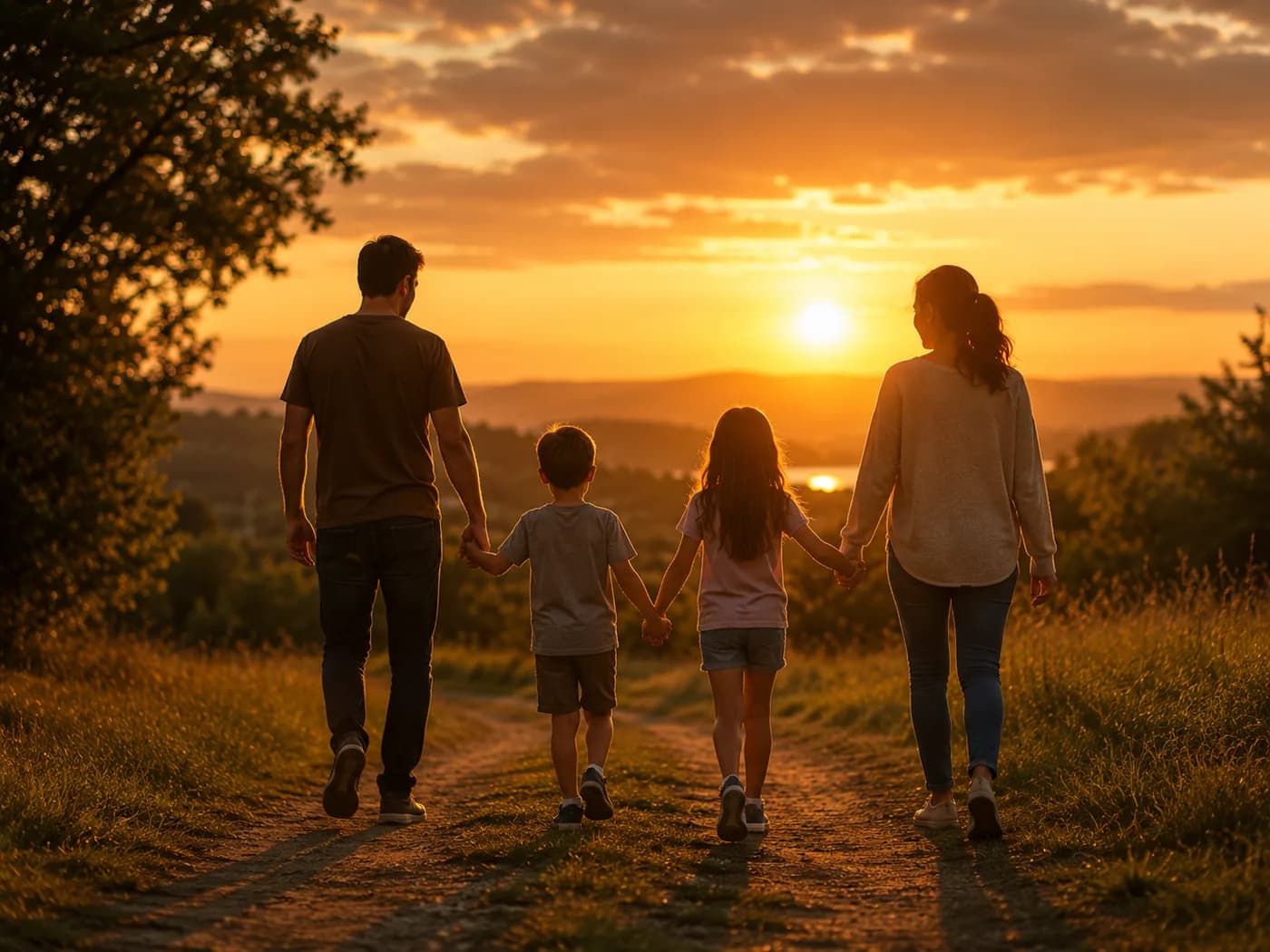 Família caminhando ao pôr do sol